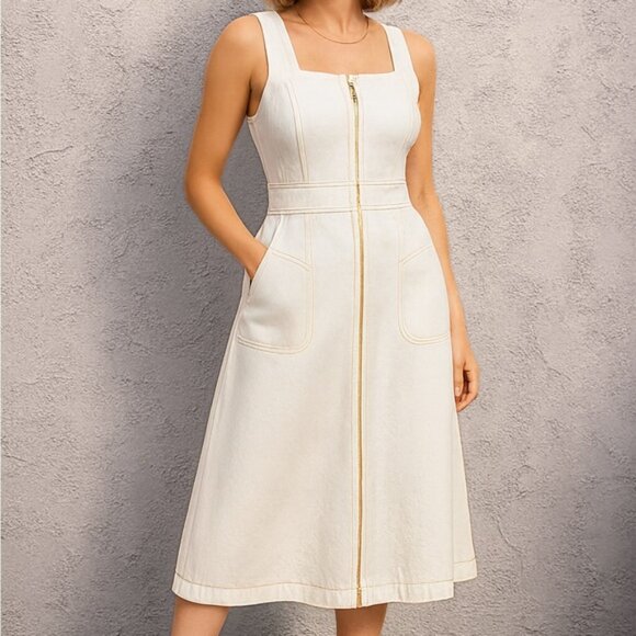 NWT INC L Ivory Denim A-Line Dress w/ Princess Seams & Double-Slider Gold Zipper - Picture 1 of 12
